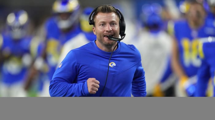 Los Angeles Rams head coach Sean McVay celebrates against the Seattle Seahawks in the second half at SoFi Stadium. The Rams defeated the Seahawks 20-10